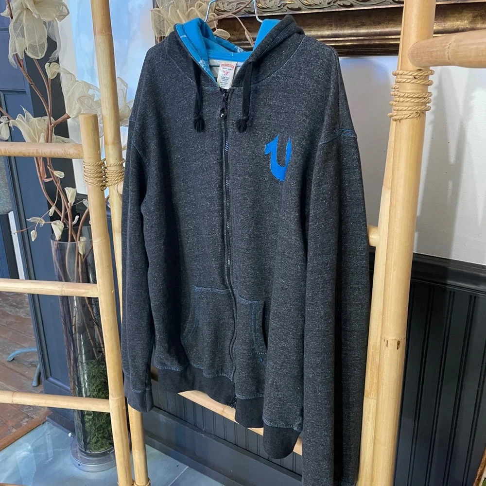 Y2K True Religion Raised Spellout Full Zip Hoodie Charcoal Blue Men’s 2XL🧡🎀
